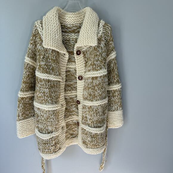 Stunning VTG Hand Knit Chunky Long Cardigan Belted Mustard Yellow Cream S Pocket - Picture 1 of 7